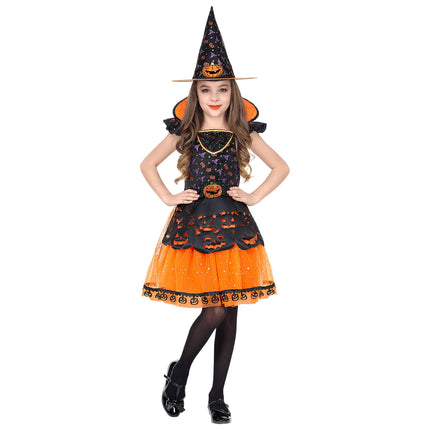 Halloween Kostüm Schwarz Orange Mädchen Hexe