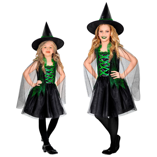 Halloween Kleid Schwarz Grün Mädchen Hexe 2 Stück