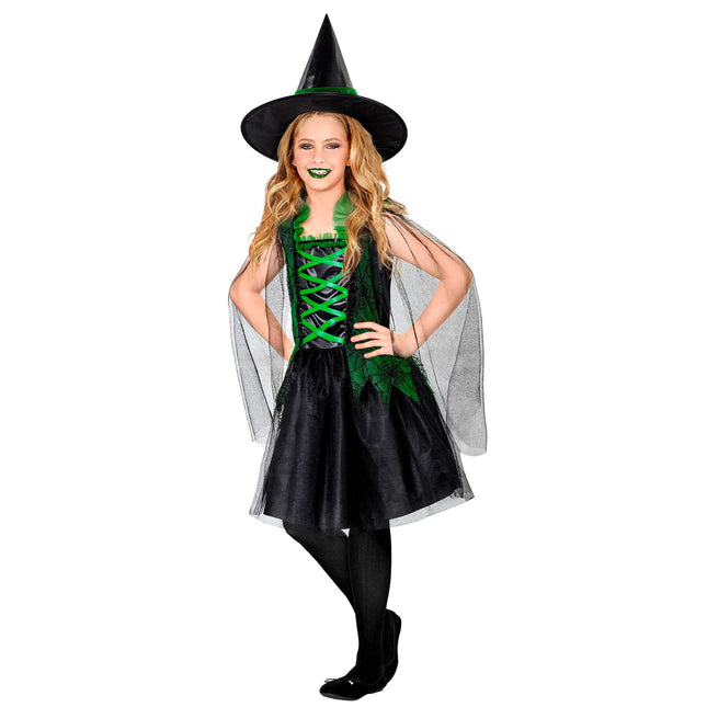 Halloween Kleid Schwarz Grün Mädchen Hexe 2 Stück