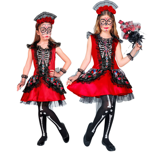 Dia De Los Muertos Kleid Schwarz Rot