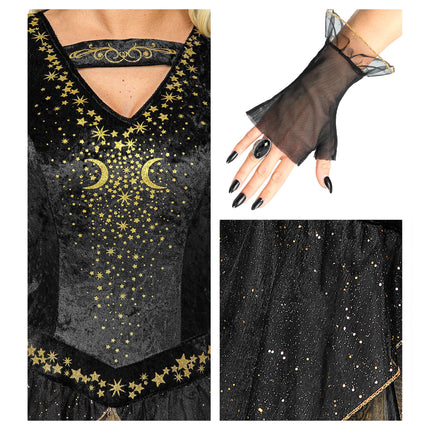 Halloween Kleid Schwarz Gold Damen Hexe