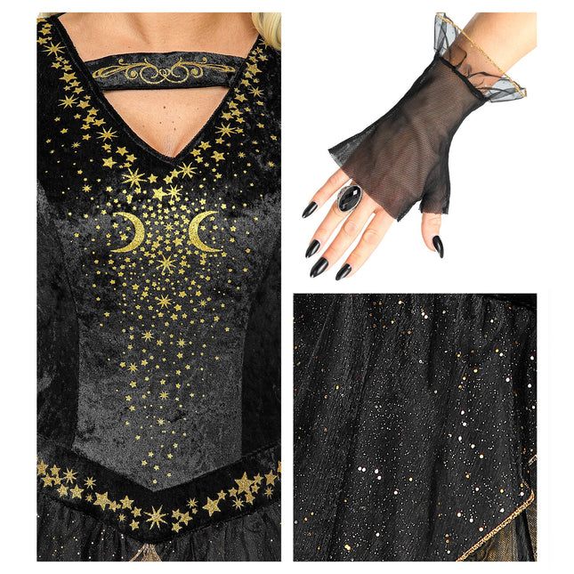 Halloween Kleid Schwarz Gold Damen Hexe