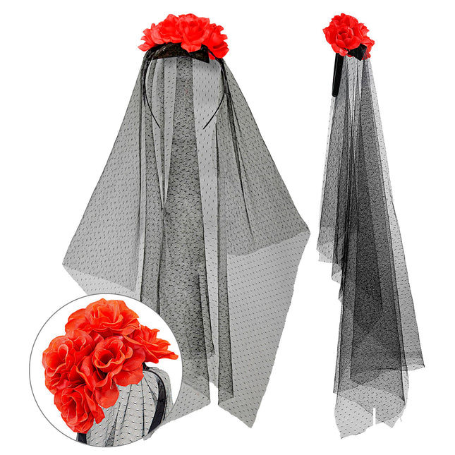Dia De Los Muertos Haarband Schleier mit Rosen