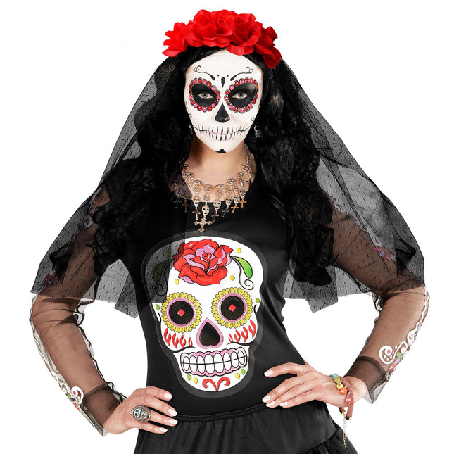 Dia De Los Muertos Haarband Schleier mit Rosen