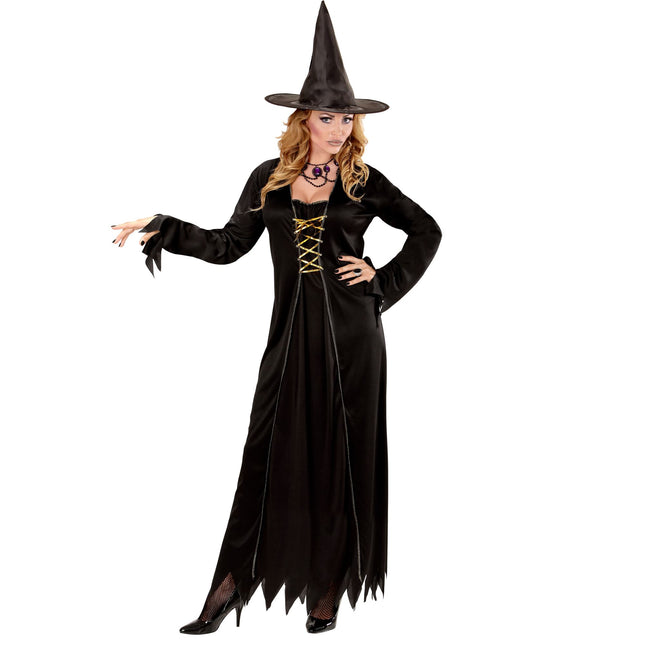 Halloween Kostüm Schwarz Gold Damen Hexe 2 Stück