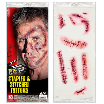 Halloween Fake Tattoos Rote Klammern und Nahtmaterial