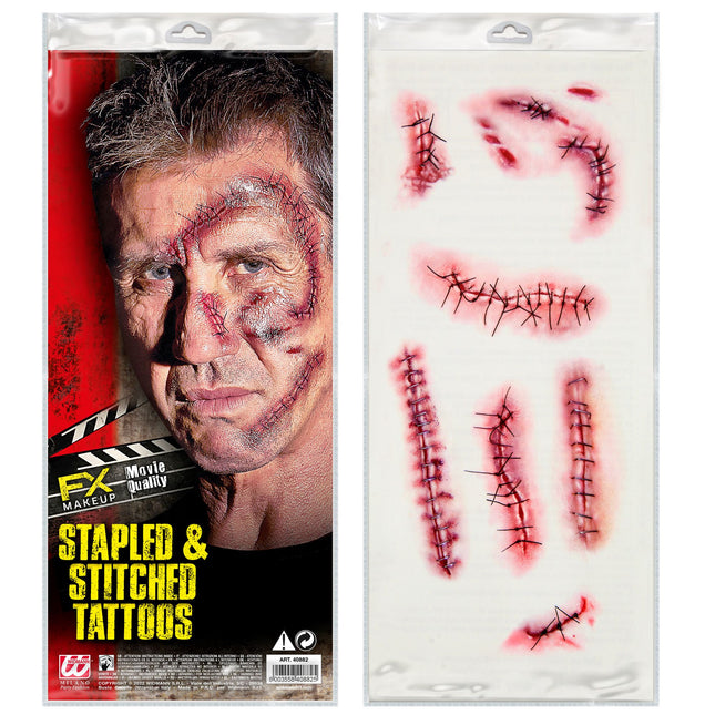 Halloween Fake Tattoos Rote Klammern und Nahtmaterial