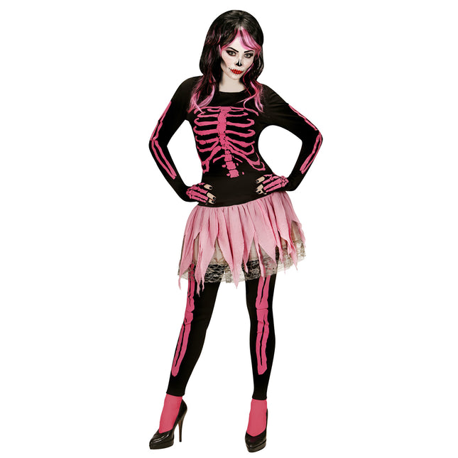 Skelett Kostüm Schwarz Rosa Damen 4 Stück