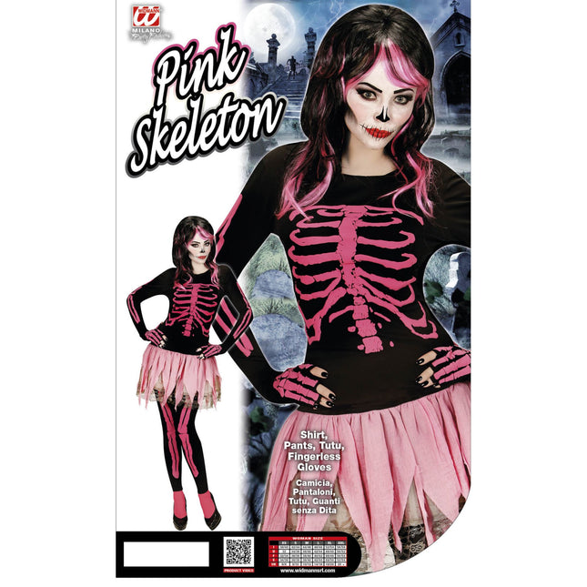 Skelett Kostüm Schwarz Rosa Damen 4 Stück