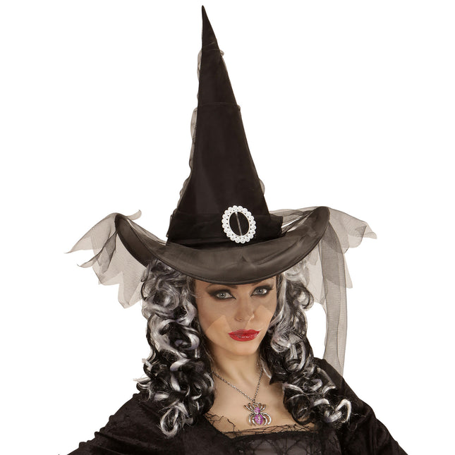 Halloween Hexenhut Schwarz mit Tüll