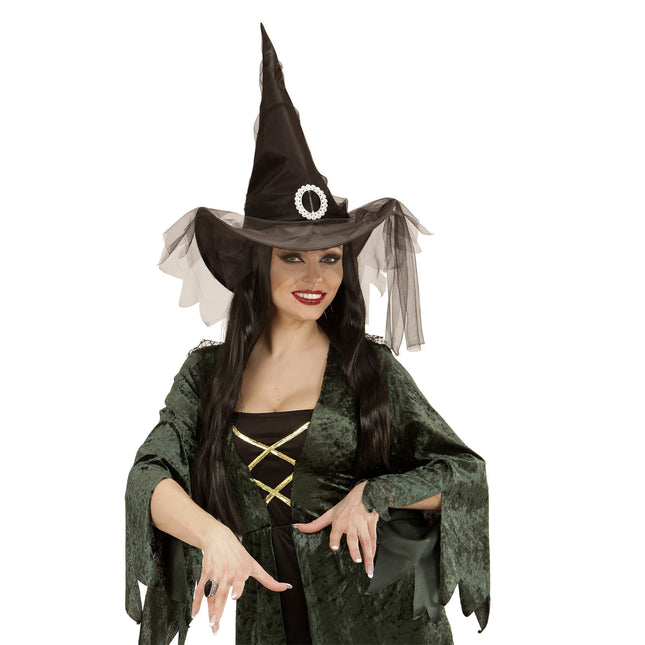 Halloween Hexenhut Schwarz mit Tüll