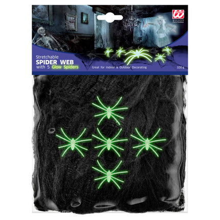 Halloween Spinnennetz Schwarz Mit 5 Spinnen 100gr