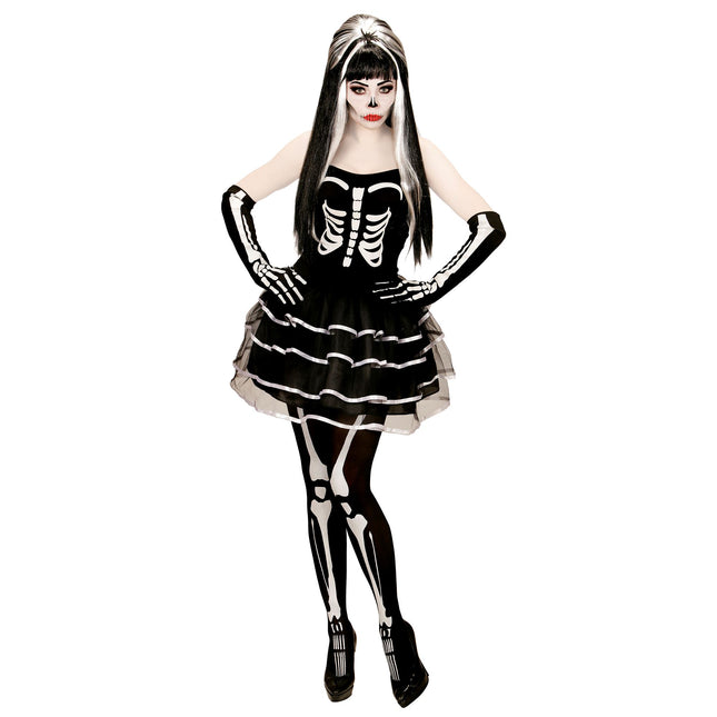 Halloween Kleid Weiß Schwarz Damen Skelett