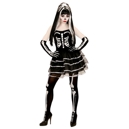 Halloween Kleid Weiß Schwarz Damen Skelett