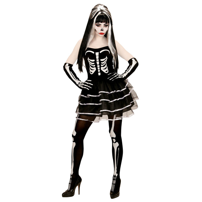 Halloween Kleid Weiß Schwarz Damen Skelett