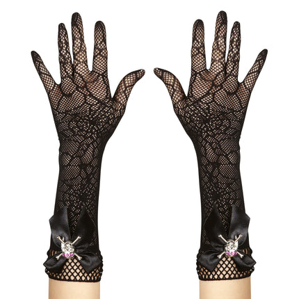 Halloween Handschuhe Spinnennetz und Totenkopf
