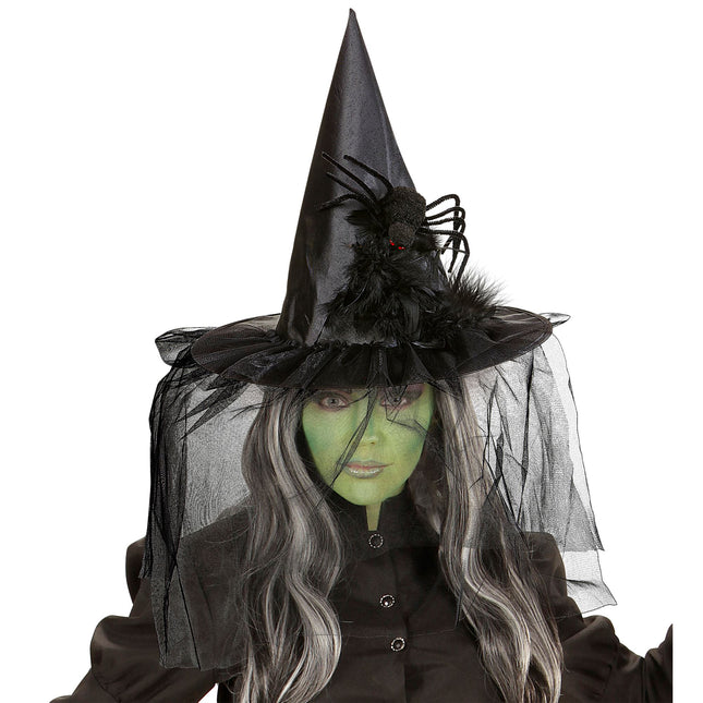 Halloween Hexenhut mit Schleier und Spinne
