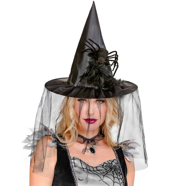 Halloween Hexenhut mit Schleier und Spinne