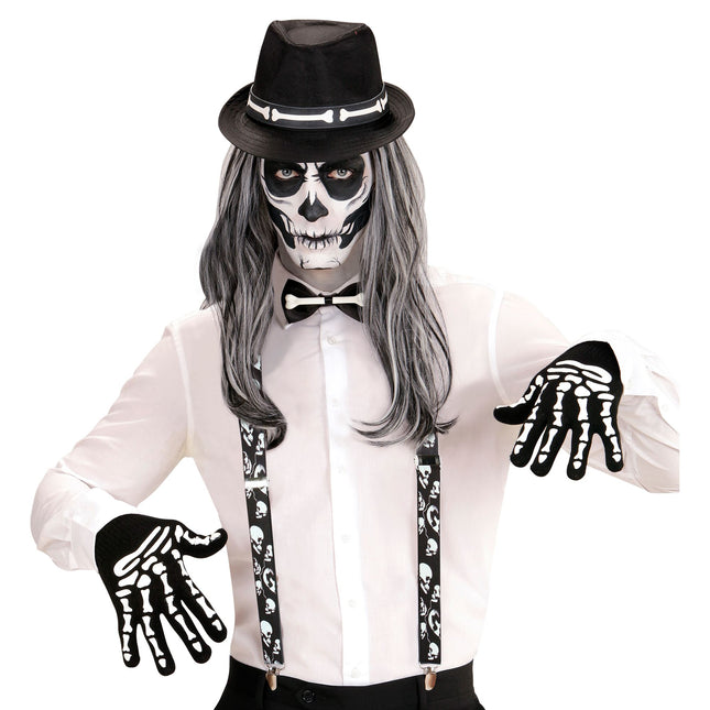 Halloween Hosenträger Schwarz Weiß Totenköpfe