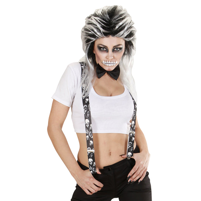 Halloween Hosenträger Schwarz Weiß Totenköpfe