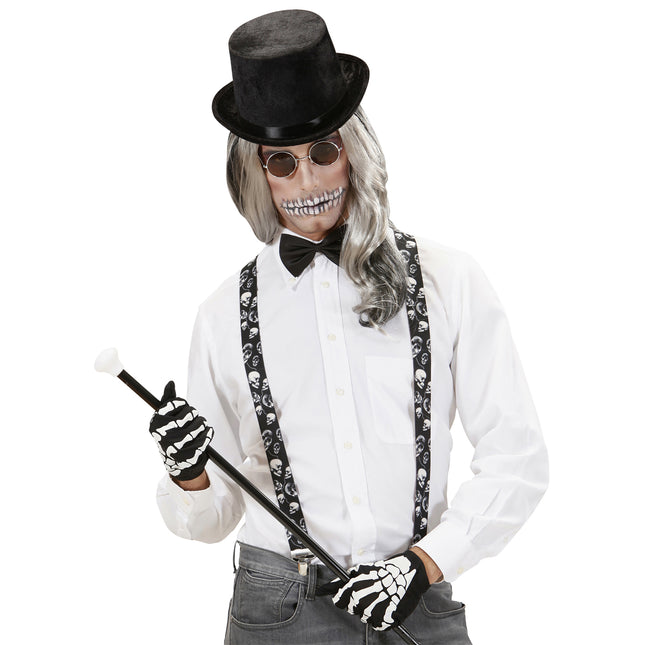 Halloween Hosenträger Schwarz Weiß Totenköpfe