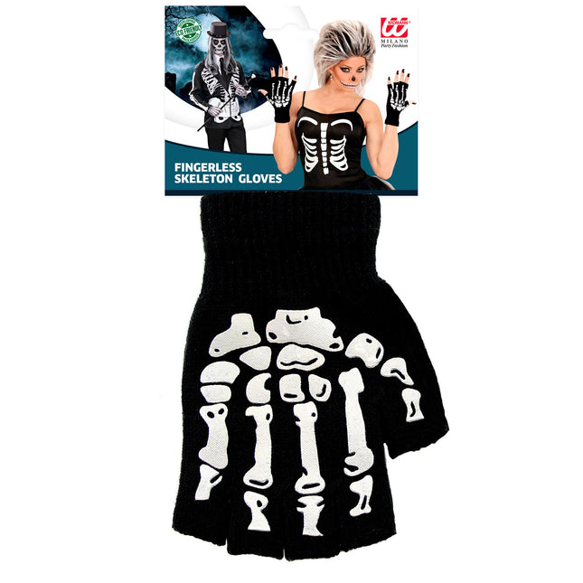 Halloween Handschuhe Schwarz Weiß Skelett Fingerlos