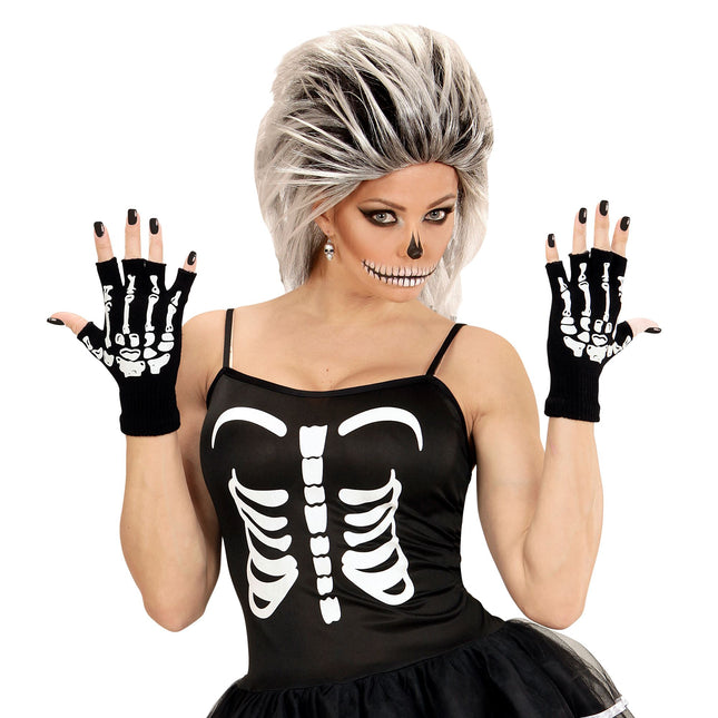 Halloween Handschuhe Schwarz Weiß Skelett Fingerlos