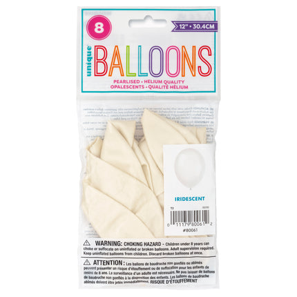 12" Premium-Ballons mit Perlen, 8 Stück - schillernd weiß
