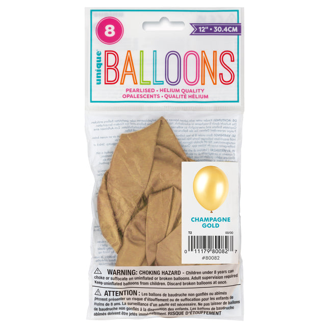 12" Premium-Ballons mit Perlen, 8 Stück - Gold Champagner