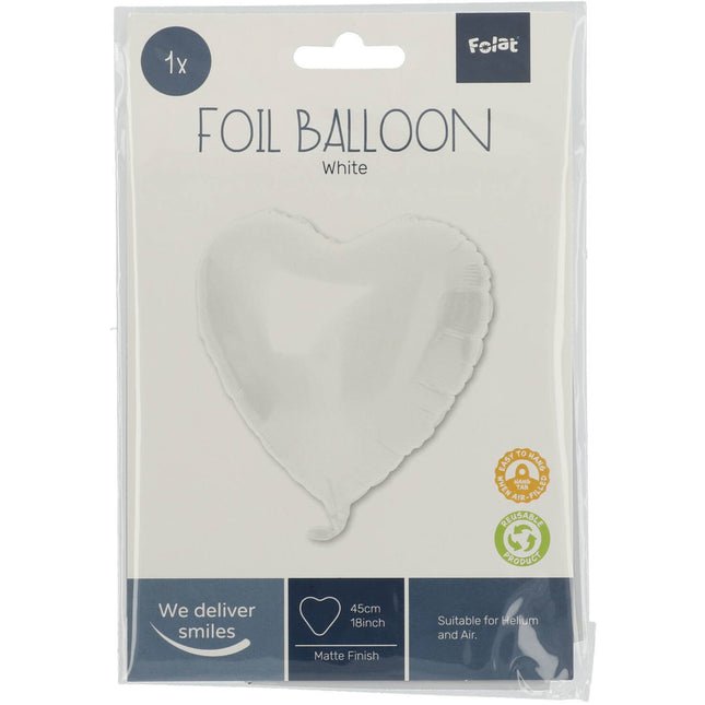 Folieballon Hartvormig Wit Metallic Mat - 45 cm