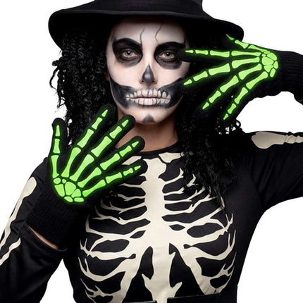 Halloween-Handschuhe, schwarz-weiß, Skelett, im Dunkeln leuchtend
