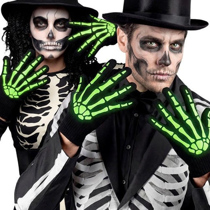 Halloween-Handschuhe, schwarz-weiß, Skelett, im Dunkeln leuchtend