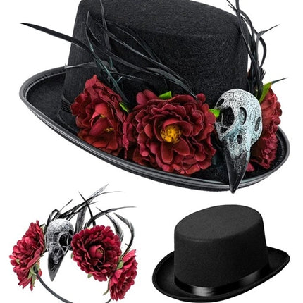 Halloween-Hut mit Voodoo-Blumen und Skelett