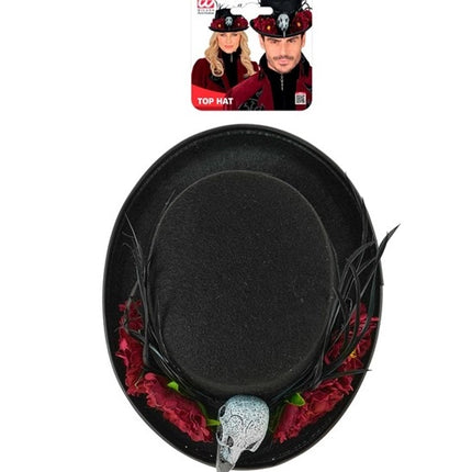 Halloween-Hut mit Voodoo-Blumen und Skelett