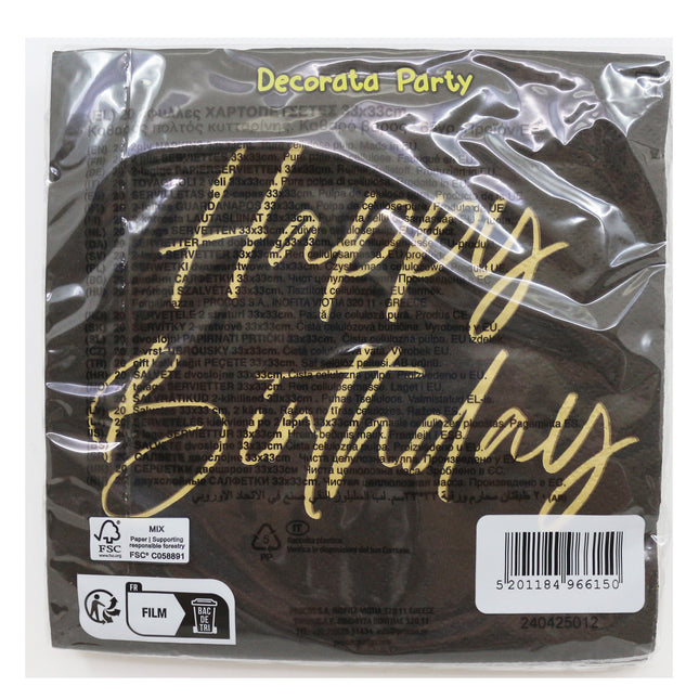 Happy Birthday Servietten Gold Schwarz 2 Lagen 33cm 20 Stk