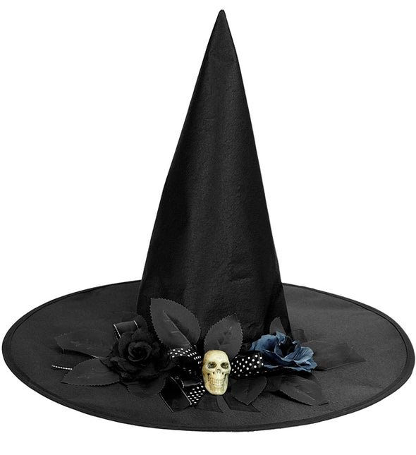 Schwarzer Hexenhut mit Totenkopf