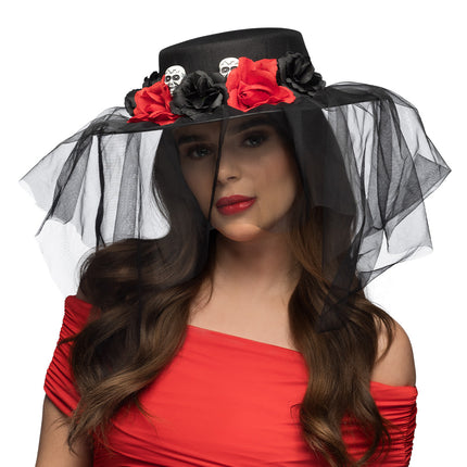 Halloween Hut Schwarz Rot Blumen