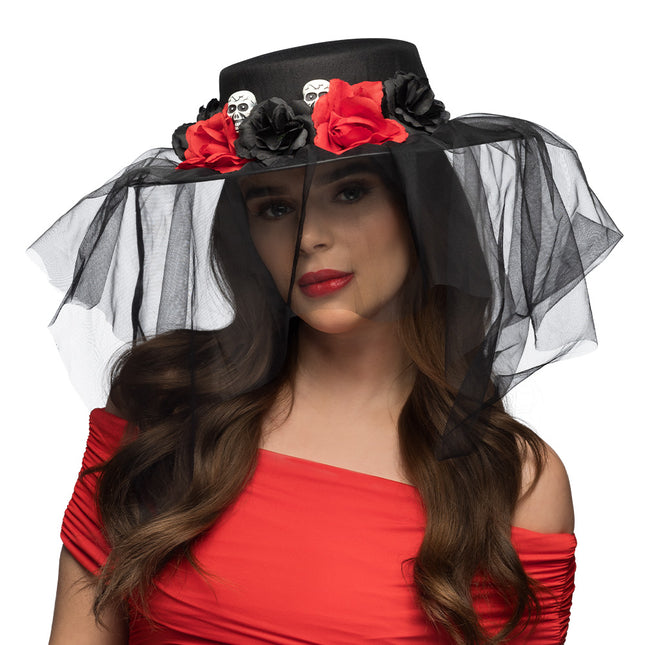 Halloween Hut Schwarz Rot Blumen
