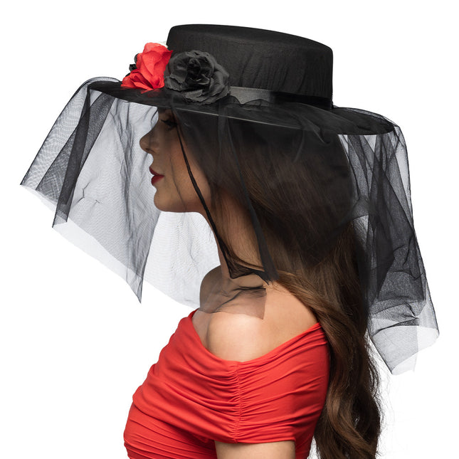 Halloween Hut Schwarz Rot Blumen