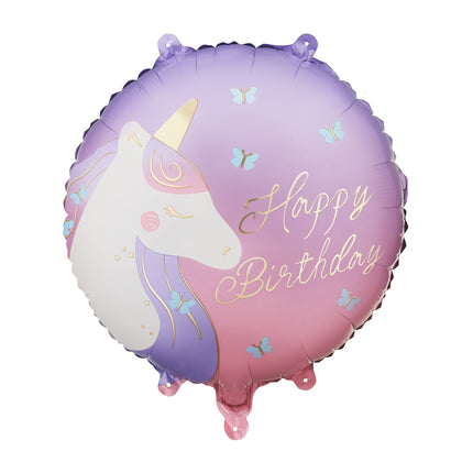 Folienballon rund Happy Birthday mit Einhorn, 35x35 cm, Mix