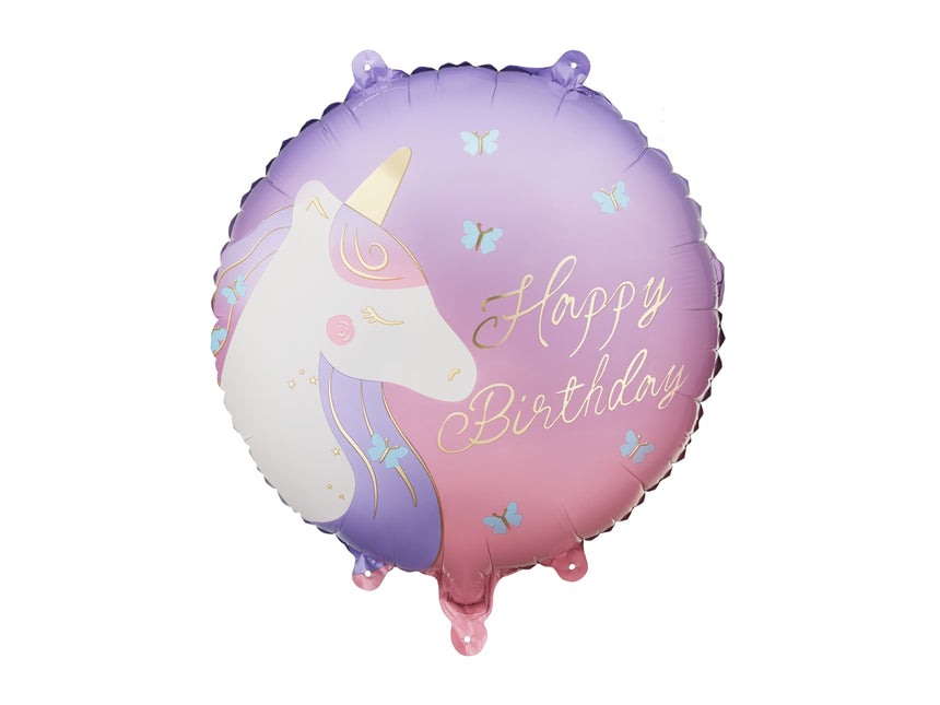 Folienballon rund Happy Birthday mit Einhorn, 35x35 cm, Mix