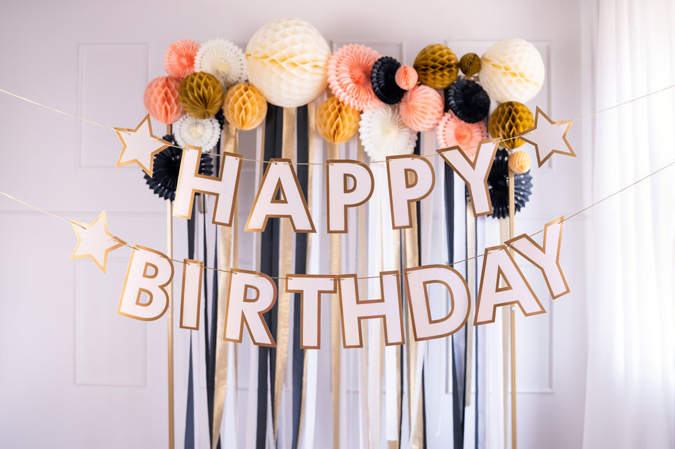 Happy Birthday Buchstabengirlande Weißgold 3m