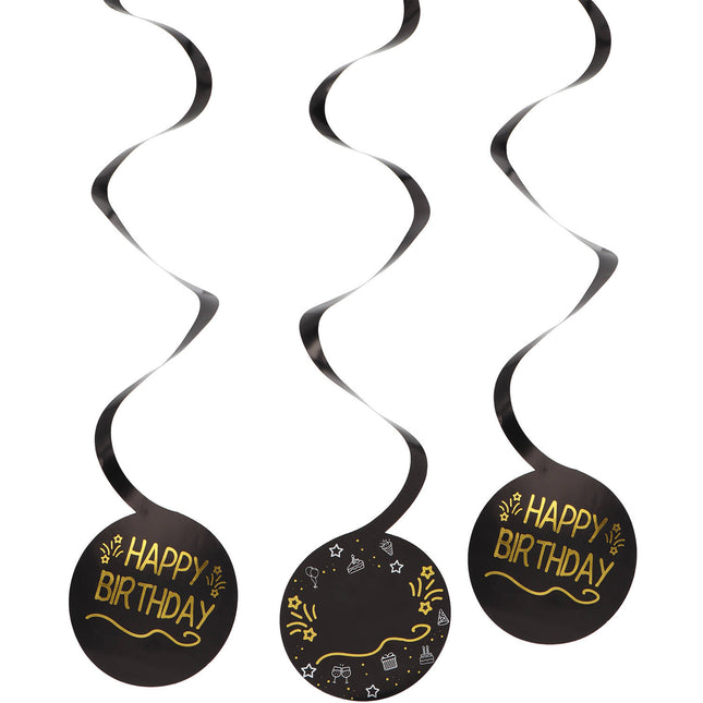 Happy Birthday Hängende Dekoration Schwarz-Gold 3tlg.