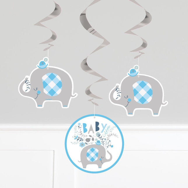 Baby Olifant Hangdecoratie Blauw 66cm 3st van Unique koop je bij Partywinkel