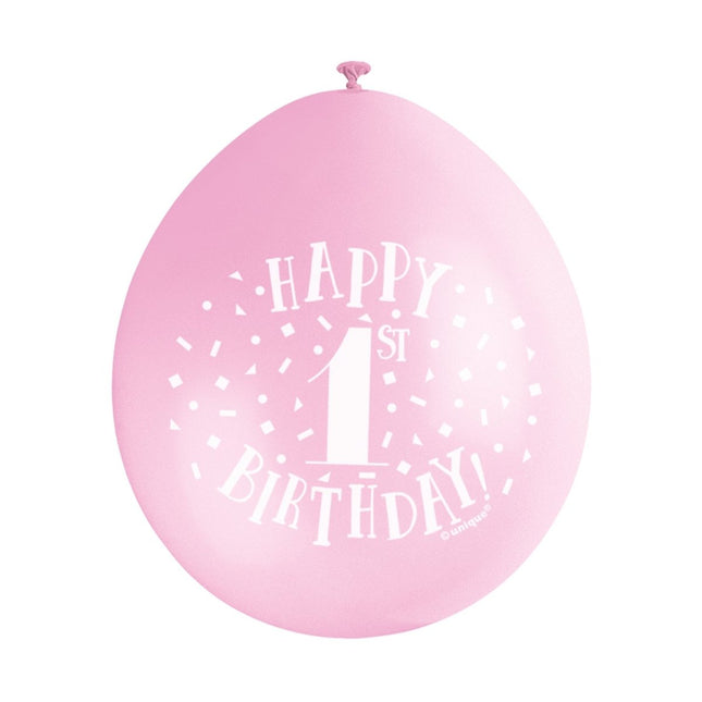 Ballonnen 1 Jaar Happy Birthday Roze 28cm 10st van Unique koop je bij Partywinkel