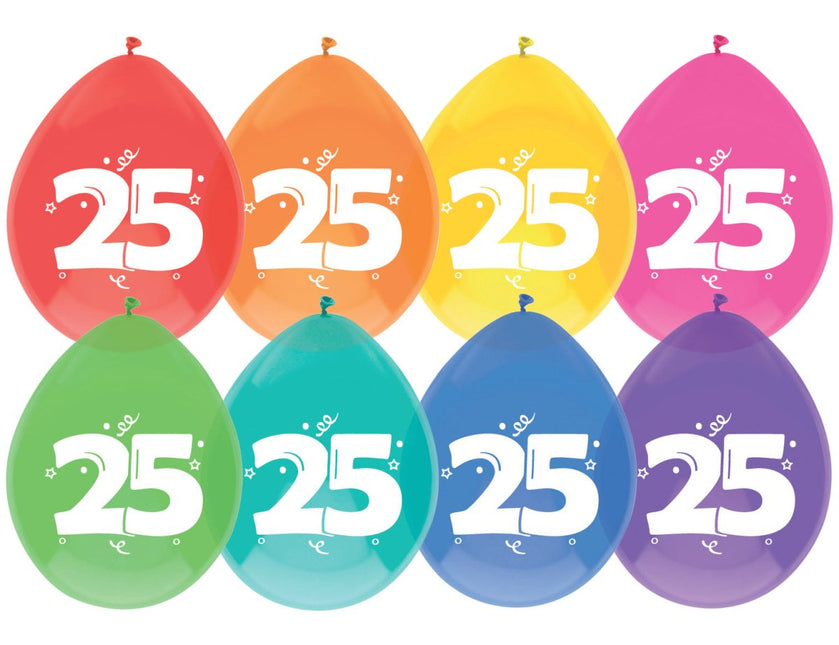 Ballonnen 25 Jaar Gekleurd 30cm 8st van Haza Witbaard koop je bij Partywinkel