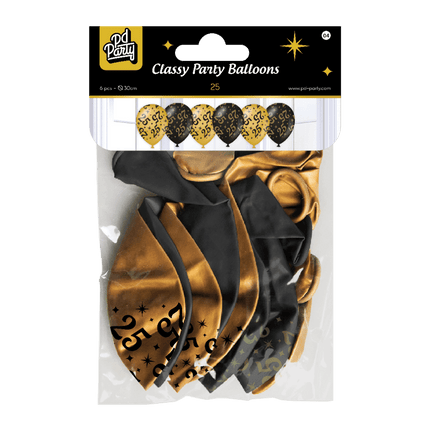 Ballonnen 25 Jaar Goud Zwart 30cm 6st van Paper Dreams koop je bij Partywinkel