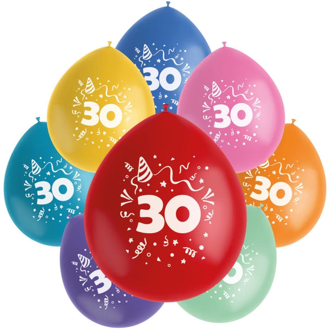 Ballonnen 30 Jaar Gekleurd 23cm 8st van Folat koop je bij Partywinkel