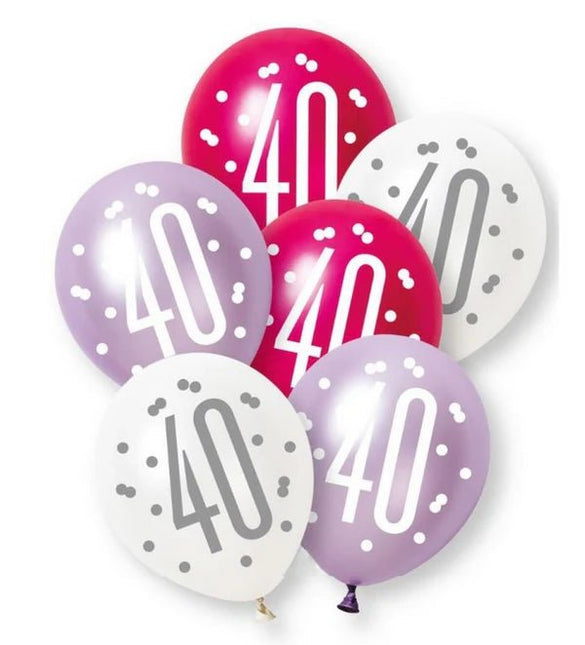 Ballonnen 40 Jaar Latex Roze Paars 30cm 6st van Unique koop je bij Partywinkel