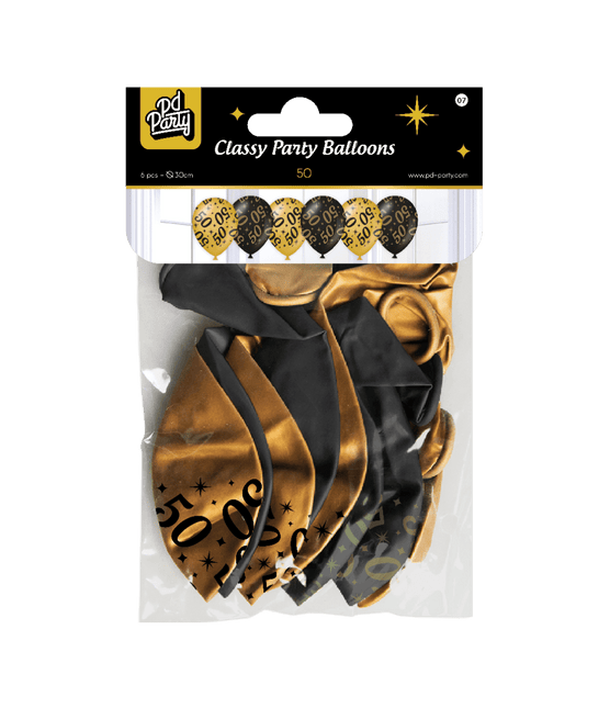 Ballonnen 50 Jaar Goud Zwart 30cm 6st van Paper Dreams koop je bij Partywinkel